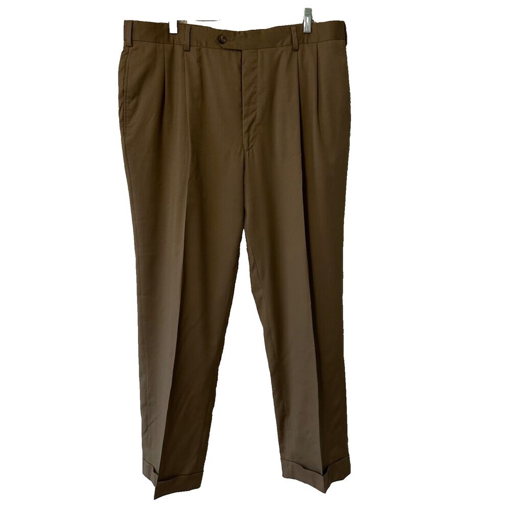 Jos. A. Bank Tan Pleated‎ Cuffed Button Closure Wool Dress Pants Mens 38 x 30